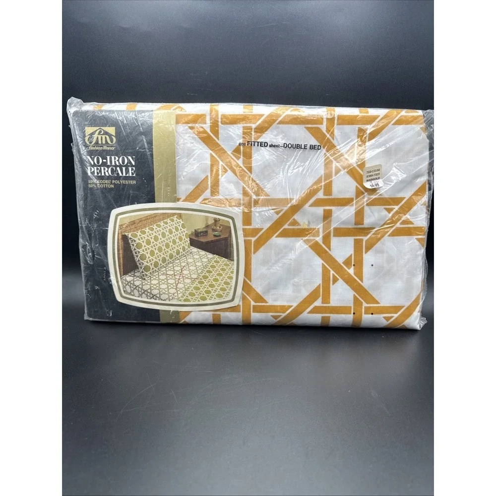 Vintage 70s Bed Sheet FULL FITTED Size Gold Cane Print JC Penny Pennys New